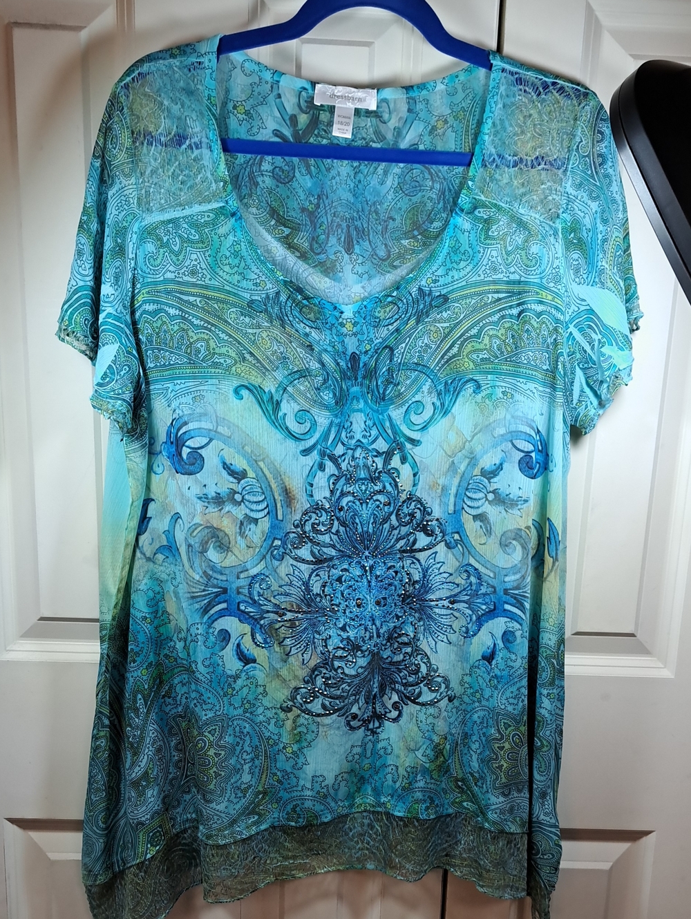 dressbarn Turquoise & Aqua Paisley V-Neck Short Sleeve Tunic
